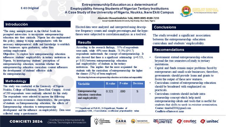 Entrepreneurship Education as a determinant of Employability Among Students of Nigerian Tertiary Institutions A Case Study of the University of Nigeria, Nsukka, Ikere Ekiti Campus