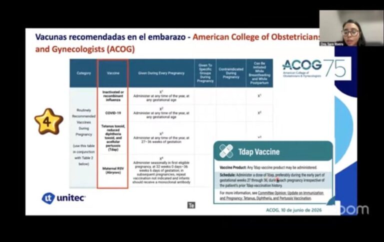 Diapositiva sobre vacunas recomendadas durante el embarazo, con &eacute;nfasis en la vacuna Tdap contra t&eacute;tanos, difteria y tos ferina.