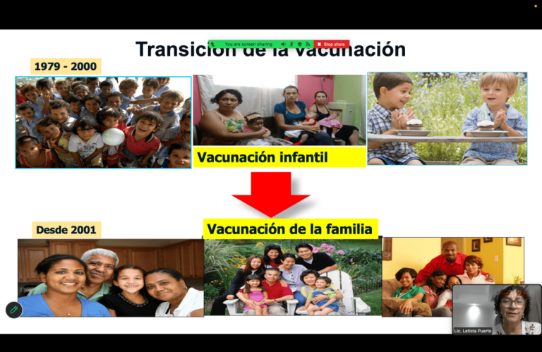 Diapositiva sobre la transici&oacute;n de la vacunaci&oacute;n infantil hacia la vacunaci&oacute;n de la familia, con im&aacute;genes de ni&ntilde;os y grupos familiares.